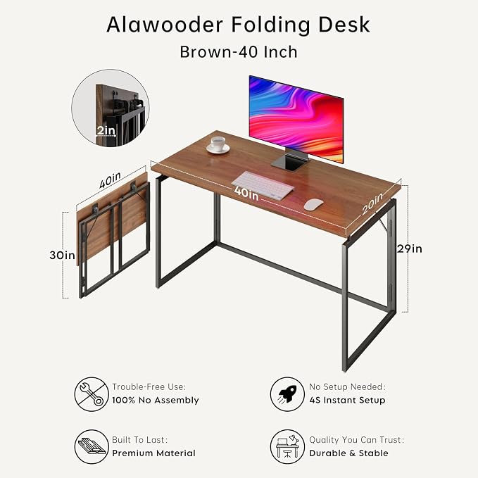 39.4" Folding Desk: No Assembly, Wood Top for Small Spaces | 39.4 in dual-monitor workspace, holds 150 lbs, folds flat to 2.3 in, splash-proof top, home office or gaming - Image 6