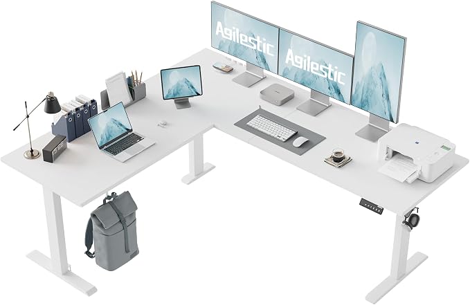 Agilestic L Shaped Electric Standing Desk Adjustable Height, 75 Inch, White | Electric Height Adjustable, Spacious Corner Desktop, Sturdy Steel Frame, Memory Presets, 176 lbs, Splice Board by Agilestic