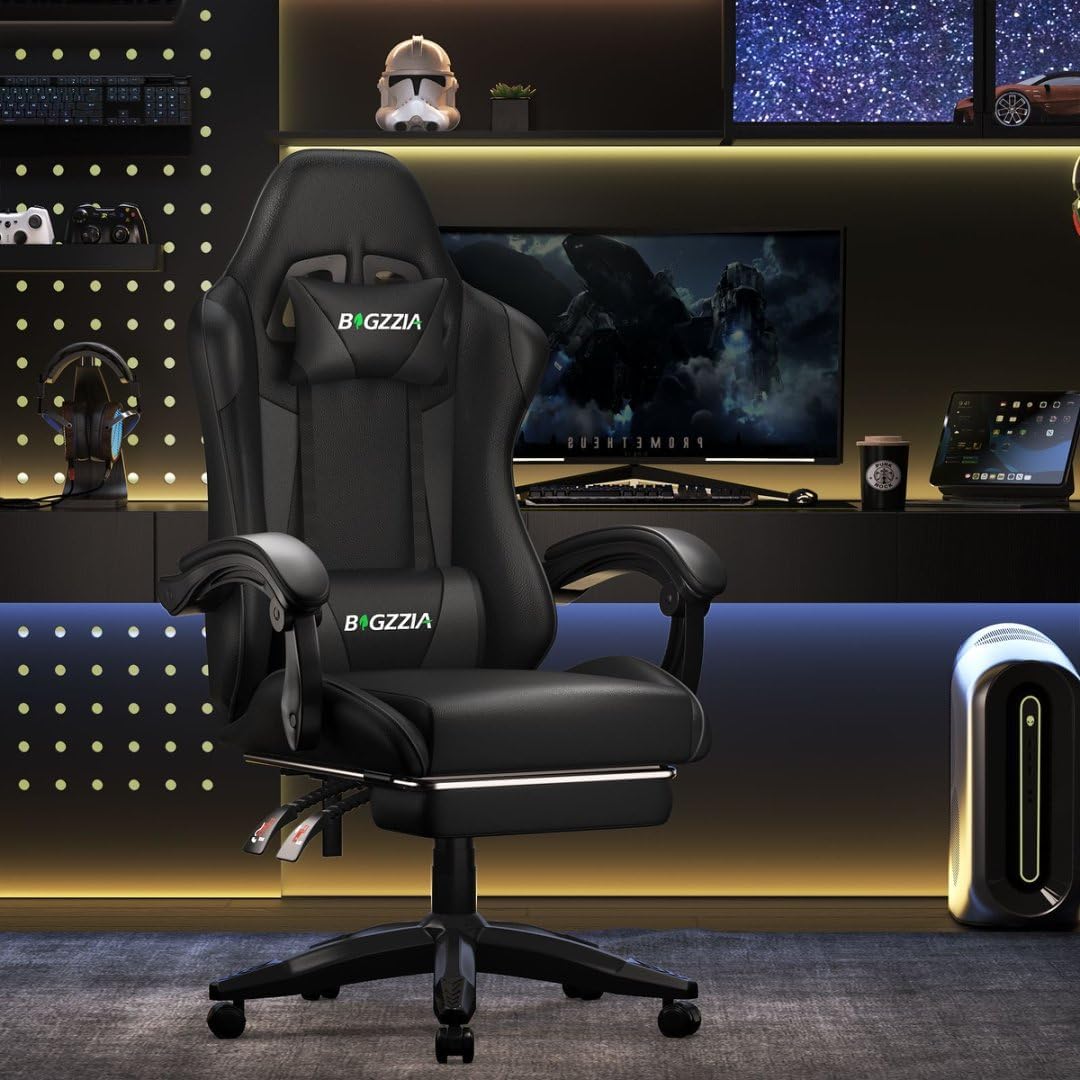 Bigzzia Gaming Chair with Footrest, Lumbar Massage for Adults & Kids, Black - Image 4