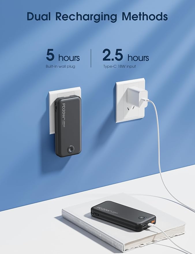 Nusyddy Portable Charger 10000mAh Fast Charging w/Built-in Wall Plug Black | PD20W Fast Charging, LED Indicator, Pass Through Charging, TSA Approved, Compact/Slim, Power Bank for iPhone/iPad/Samsung - Image 7
