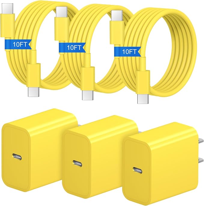 iPhone 17 16 15 Charger Fast Charging 3+3Pack 20W USB C Wall Charger with Extra Long 10FT Fast Charging Cable Compatible with iPhone 17/17 Air/17 Pro/17 Pro Max/iPhone 16/15 Series, iPad Pro-Yellow by Coreykin