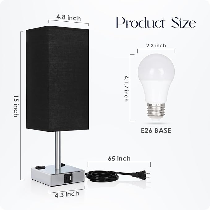 Set of 2 Bedside Table Lamp 3 Way Dimmable Nightstand Lamp with USB C & USB A Charging Port, 2 AC Outlets, 3000K LED Bulbs (Black) - Image 8