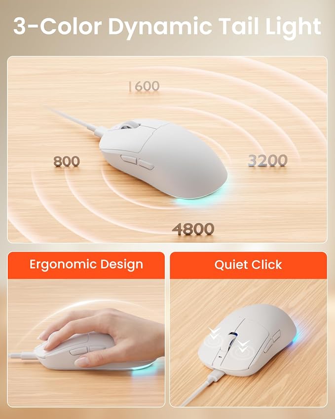 EWEADN Wired Keyboard and Mouse Combo with Detachable Wrist Rest, Quiet Ergonomic Keyboard Mouse Set with Multimedia Knob, RGB Backlit, Double-Shot Keycaps Natural Typing for Laptop, PC - White - Image 7
