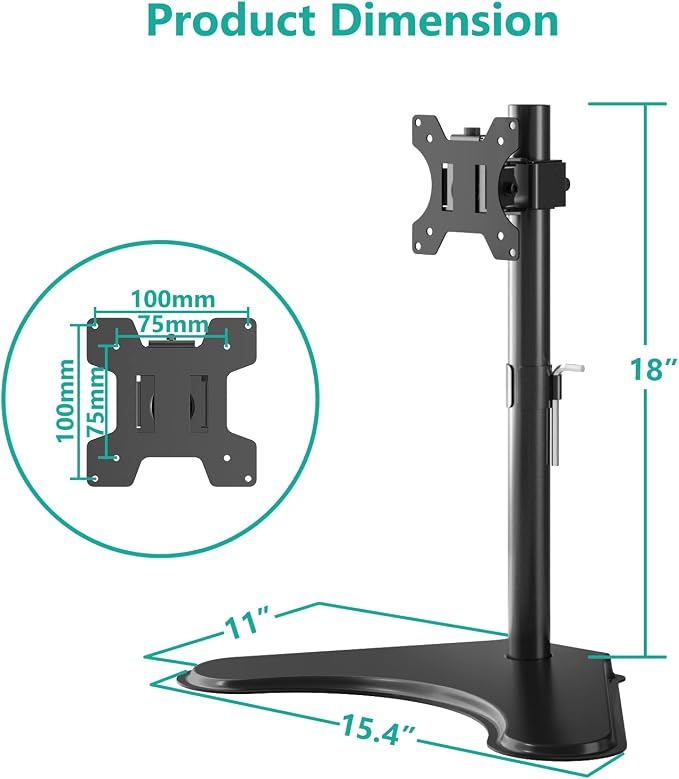WALI Freestanding Vesa Monitor Stand for 13-32 inch Screens, up to 22 lbs | Single Monitor Stand for Desk, Full Motion with Height Adjustment, Tilt, Swivel, Rotation, VESA 75/100mm (MF001), Black - Image 6