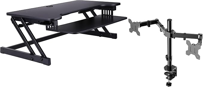 Rocelco 37.5" Deluxe Height Adjustable Standing Desk Converter with Dual Monitor Mount BUNDLE - Quick Sit Stand Up Computer Workstation Riser - Large Retractable Keyboard Tray - Black (R DADRB-DM2) by Rocelco