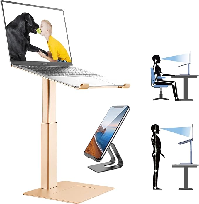 Laptop Stand for Desk, Ergonomic Sitting and Standing Laptop Riser for Notebook MacBook 11-17 Inches，DJ Laptop Stand Adjustable Height from 7-15 Inches Aluminum(Gold) by DEEDRR