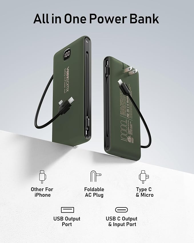 VEEKTOMX 10000mAh Portable Charger with Built-in Cables & Wall Plug | Fast Charging Slim USB-C Power Bank for iPhone, Samsung, iPad | 5 Outputs, Charges 4 Devices, ETL Certified, Green - Image 3