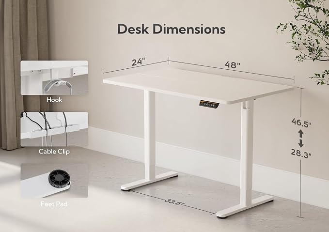 Claiks Electric Height Adjustable Standing Desk, 48x24 Inch, White | Smooth Height Adjustment, 3 Memory Presets, Cable Management Hub&Hook, Stable Steel Frame, 176lbs Capacity, Easy Assembly - Image 3