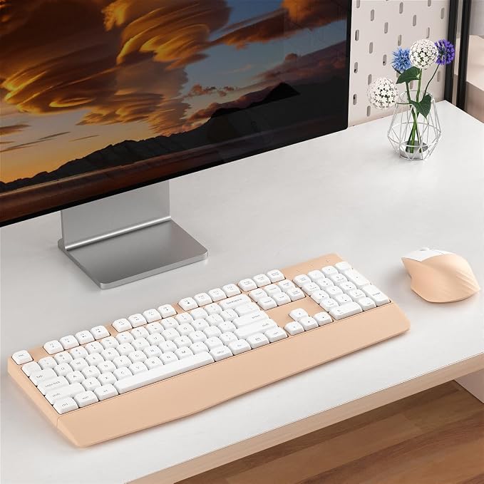 Ergonomic Wireless Keyboard and Mouse Combo with Wrist Rest, White Milk Tea | COVEVA Full Size Keyboard with 12 Dedicated Shortcuts, Smart Auto-Sleep, 2.4GHz Receiver, Natural Typing for PC Laptop - Image 2