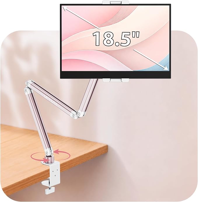Portable Monitor Stand up to 18.5", iPad Stand for Desk, Pink | Aluminum Arm, Portable Monitor Holder 15.6", Adjustable Desktop Tablet Mount, Second Screens by Urmust