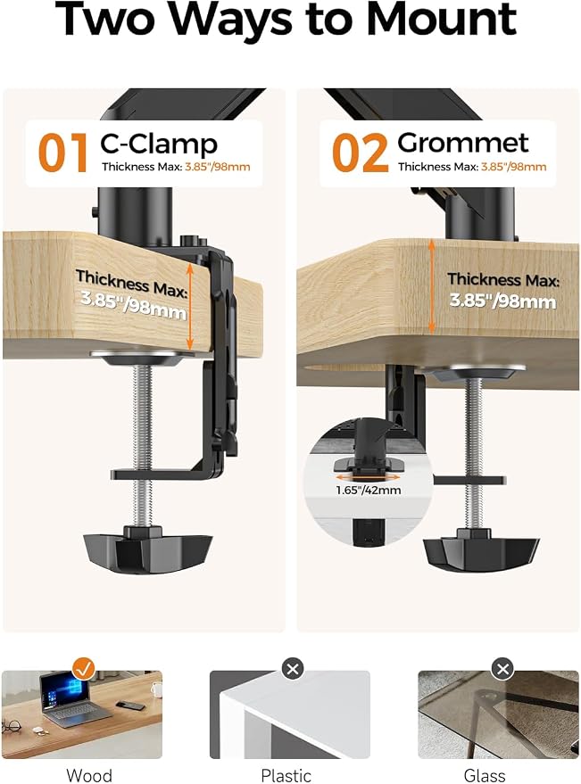 Monitor Mount 17-35 Inch Adjustable Gas Spring Desk Mount Stand Hold up to 24.25lbs with Clamp/Grommet Mounting Base (MD82) - Image 6