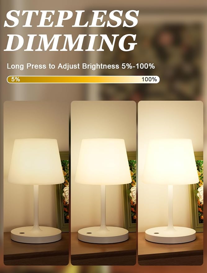 Kakanuo White Cordless Shower Lamp Waterproof, Rechargeable Table Lamp with 4000mAh Battery, Touch Dimmable Desk Light for Outdoor, Kitchen, Bathroom, Camping, Patio, IP54 - Image 2