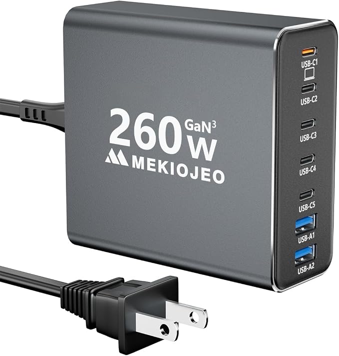 MEKIOJEO Aluminum Alloy 260W USB C Charger GaN Fast USB C Charging Station | 7 Ports 65W Laptop Charger for MacBook Pro/Air/iPad Pro/iPhone by MEKIOJEO