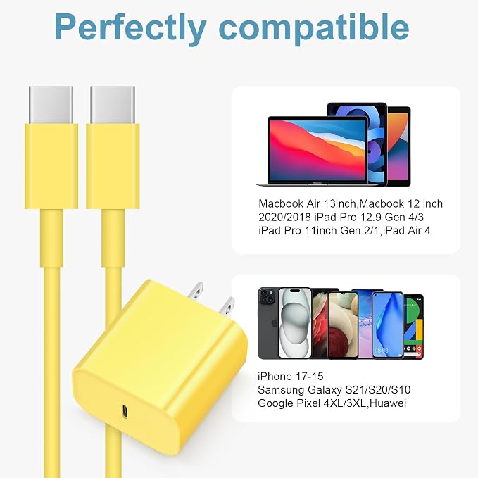 iPhone 17 16 15 Charger Fast Charging 3 Pack USB C Charger Block | Type C Chargers 6FT Cord Wall Chargers for iPhone Air/17/17 Plus/17 Pro/17 Pro Max/16/16 Plus/16 Pro/16 Pro (Yellow) - Image 5