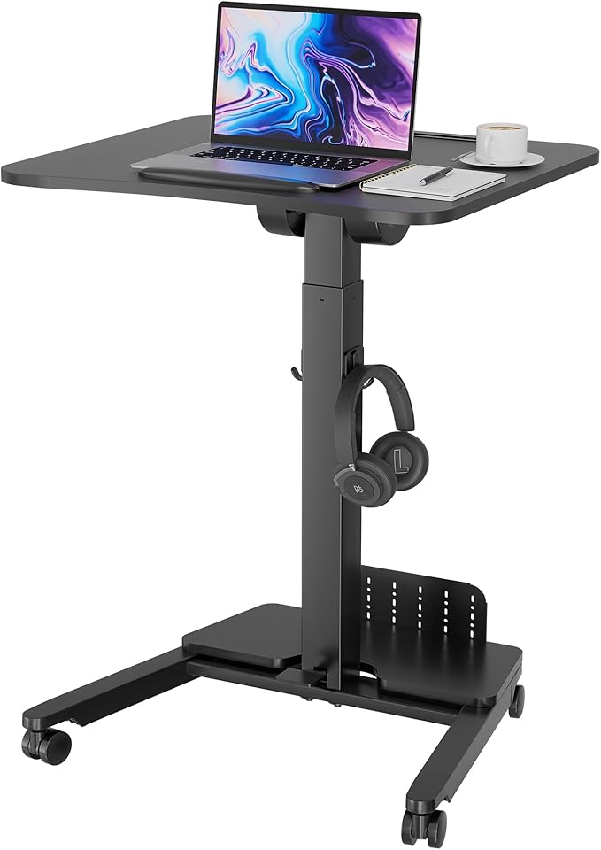 BONTEC Mobile Standing Desk, Adjustable Height, 23.6 x 20.5 Inch, Black | Rolling Laptop Cart with Storage Shelf and Hooks, Portable Workstation with Pneumatic Lift, Ergonomic Compact Home Office Use by BONTEC