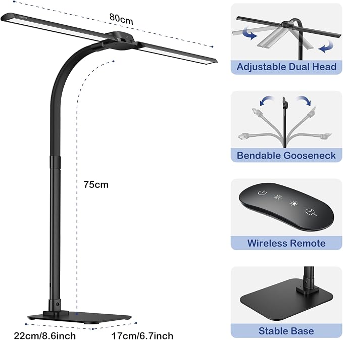 24W LED Desk Lamp for Home Office, 1500lm Dual Head Task Light with Remote | Tall Architect Lamps for Reading, USB Charging Port, Eye Caring, Dimmable 5 Color Modes, Adjustable Gooseneck, Timer, Base - Image 7