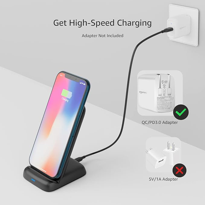 Amazon Basics Wireless Phone Charger Stand, 10W Qi Certified with USB Cable, Compatible with iPhone 16/15/14/13/12/11/X, Samsung & More, with USB Cable, Black (No AC Adapter) - Image 3