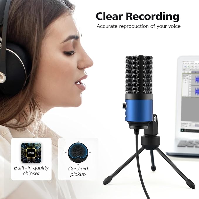 FIFINE K669 Blue USB Computer Microphone for Recording Voice Over | Condenser Mic with Gain Knob, Compatible with Mac&PC, Home Studio, Plug and Play - Image 5