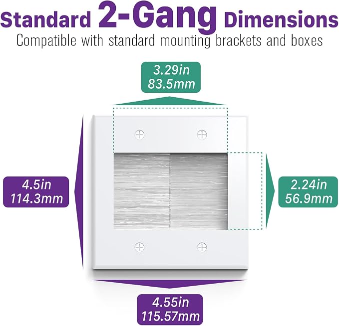 2-Gang Brush Wall Plate Double Gang Cable Management Kit - 2 Pack White | Wire Cord Hider and Faceplate Pass Through for Wall Mounted TV, Coaxial, HDMI, Ethernet Speaker Low Voltage Cords Wire Setup - Image 2