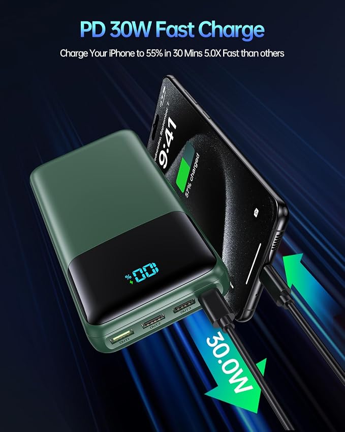 Portable Charger Power Bank 50000mAh, USB-C PD 30W Fast Charging External Battery Pack with 4 Outputs & 2 Inputs, Portable Phone Charger for iPhone 17/1615/14/13/12/11 Samsung Android (Dark Green) | 4 Outputs & 2 lnputs, Digital Display,Lightweight, Ph... - Image 3