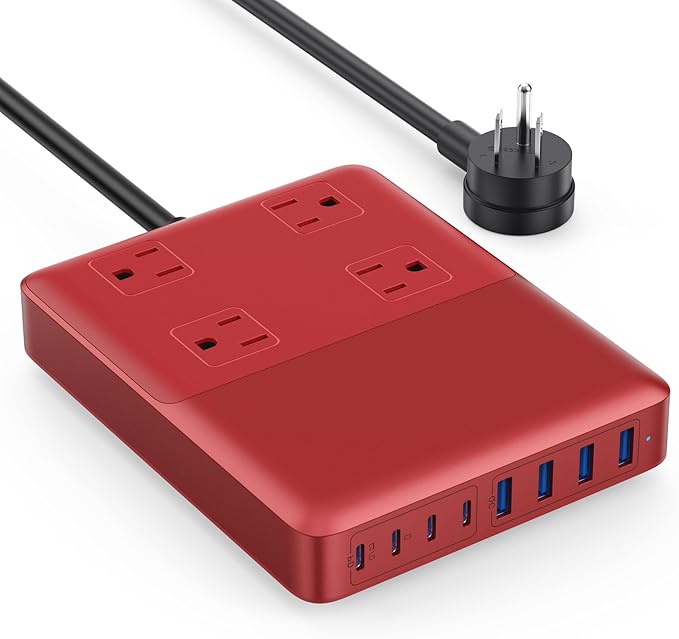 12-in-1 Charging Station USB C Power Strip with 5ft Cord,200W GaN IV USB C Charger Block,4 AC Outlets,8 USB for MacBook,iPhone 16/15/14,Fast Charging Desktop Charger for Office (Red) by Kioson