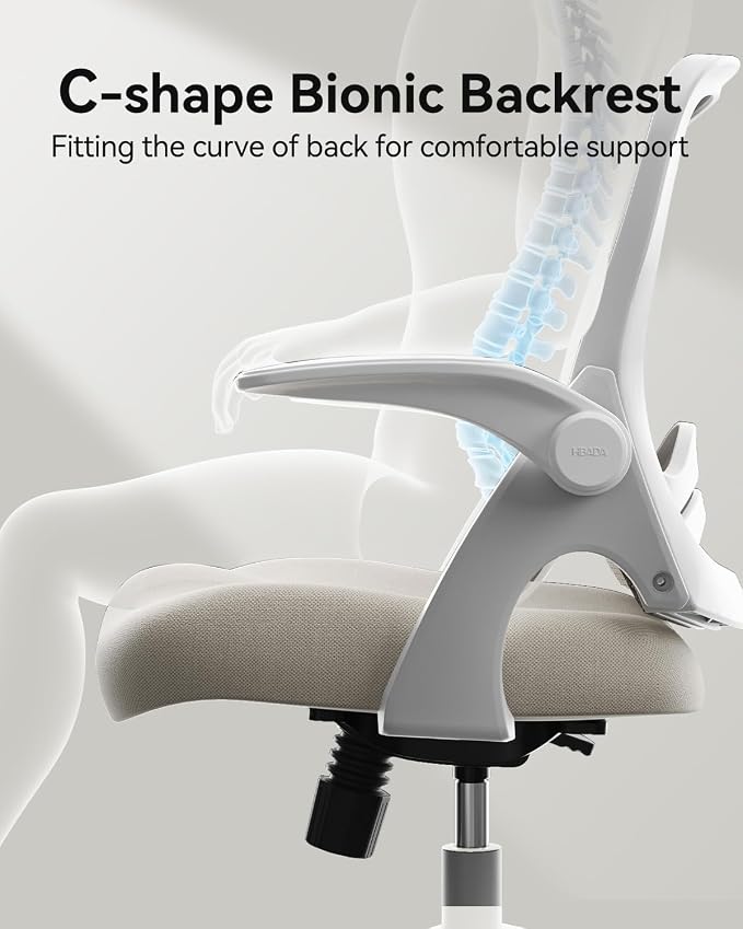Hbada Office Desk Chair with Flip-Up Armrests and Saddle Cushion, Ergonomic Office Chair with S-Shaped Backrest, Swivel, Mesh, Grey - Image 9