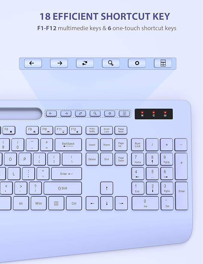 Wireless Keyboard and Mouse Combo, Full Size, Ergonomic Wrist Rest | 2.4G Lag-Free, 3-Level DPI, Phone Holder, Silent Typing, KM23D Batteries Powered Set for PC, Laptop, Windows, macOS (Purple) - Image 8