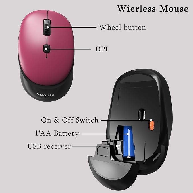Colorful Wireless Computer Keyboards Mouse Combos (Black Claret) | UBOTIE Polychrome Round Keycaps Retro PC keyboards 2.4GHz Radio Frequency Connection With Optical Mouse Power Switch - Image 5