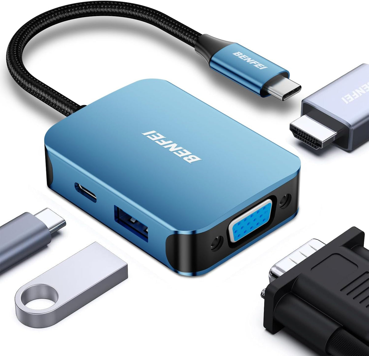 BENFEI USB C HUB 4in1, USB Type-C to HDMI VGA Adapter,USB C to USB Adapter by BENFEI