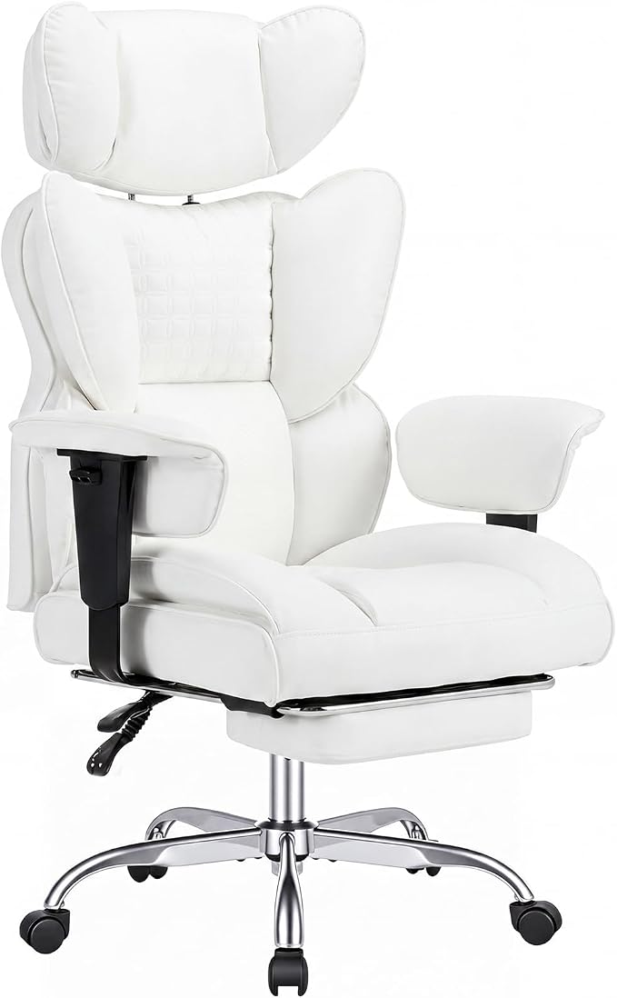 DUMOS Big and Tall Home Office Desk Chair, Executive Chair with Footrest | PU Leather, Ergonomic Comfy Lumbar Support, High Back Reclining, Adjustable Armrests, White by DumosLifestyle