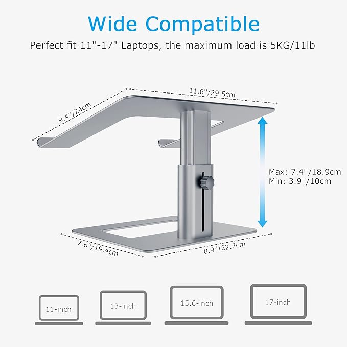 BoYata Laptop Stand, Height Adjustable Laptop Riser for 11-17" Laptops | Ergonomic Laptop Stand for Desk, Ventilated with U-Shaped Open Design, Sturdy Notebook Stand for 10-17'' Laptops, Grey - Image 6