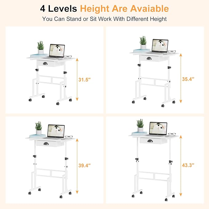 Cidaziya Adjustable Height Standing Desk for Walking Pad Treadmill, Portable Rolling Desk for Laptop with Drawer, Small Moblie Sit to Stand Desk On Wheels with Stiffener for Home Office Dorm Bedroom - Image 7