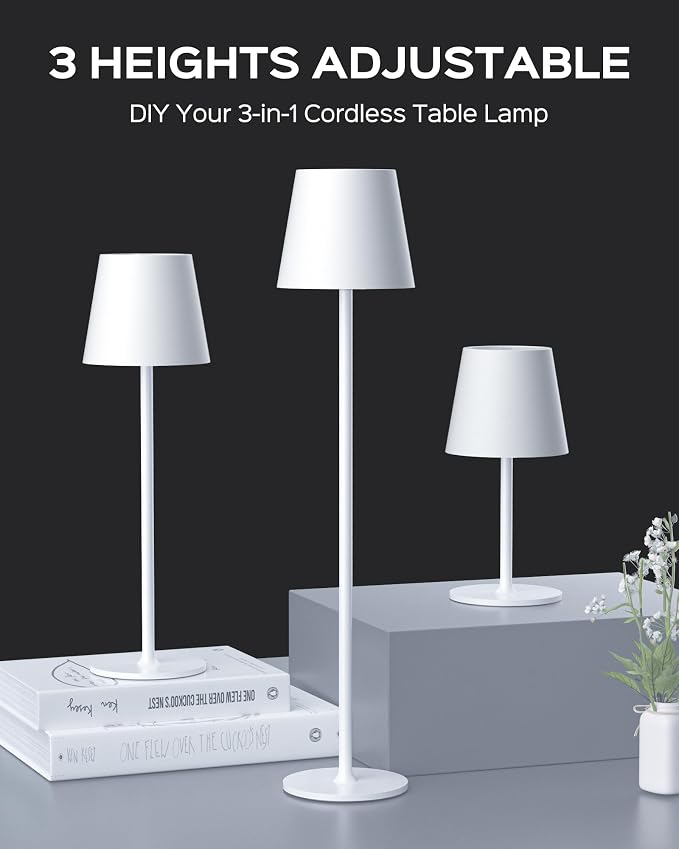 JACKYLED Cordless Table Lamps Rechargeable, 3 Adjustable Height, 5000 Capactiy Operated, 3 Colors Smooth Dimming, Portable LED Waterproof Table Lamp for Dining, Bedroom, Outdoor (2 Pack) - Image 3