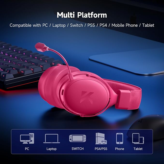 MCHOSE V9 PRO Wireless Gaming Headset 7.1 Surround Sound for PS5 PS4 PC Switch TOPSPEED Gaming Headphones, Noise Canceling Mic, 250Hr Battery, Low 15ms Latency, Lightweight, BT 5.3 FPS Games Rose&Red - Image 4