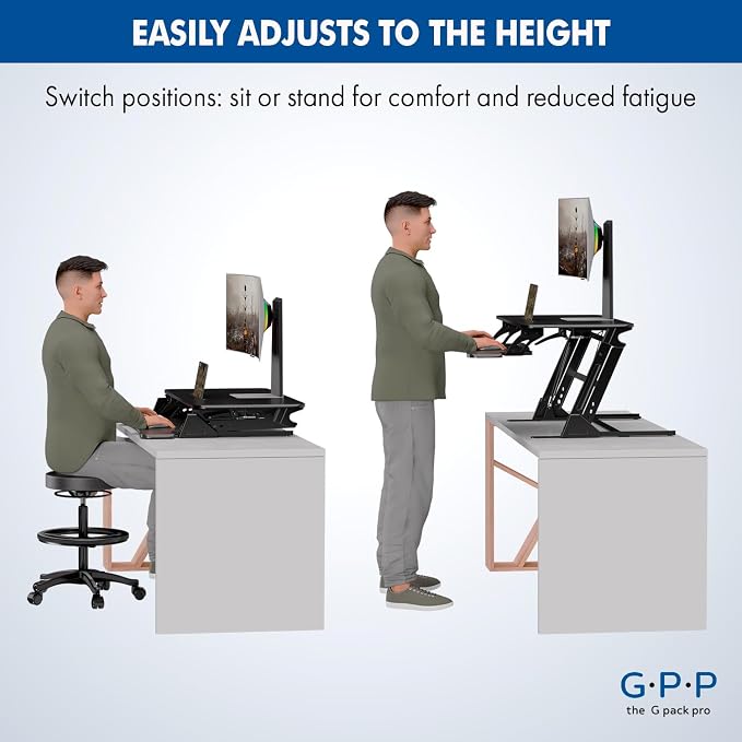 Standing Desk Converter: Adjustable up to 19.3" for Dual Monitors. Ergonomic Black Riser Promotes Healthy Workstation - Image 5