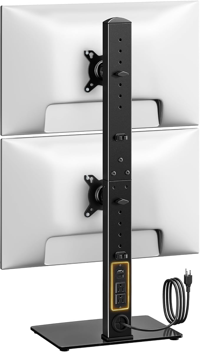 monTEK Powered Stacked Dual Monitor Stand for 17-32", Glass Base | Space-saving vertical monitor mount, stable glass base and integrated power outlet for a clean two-screen workstation by monTEK
