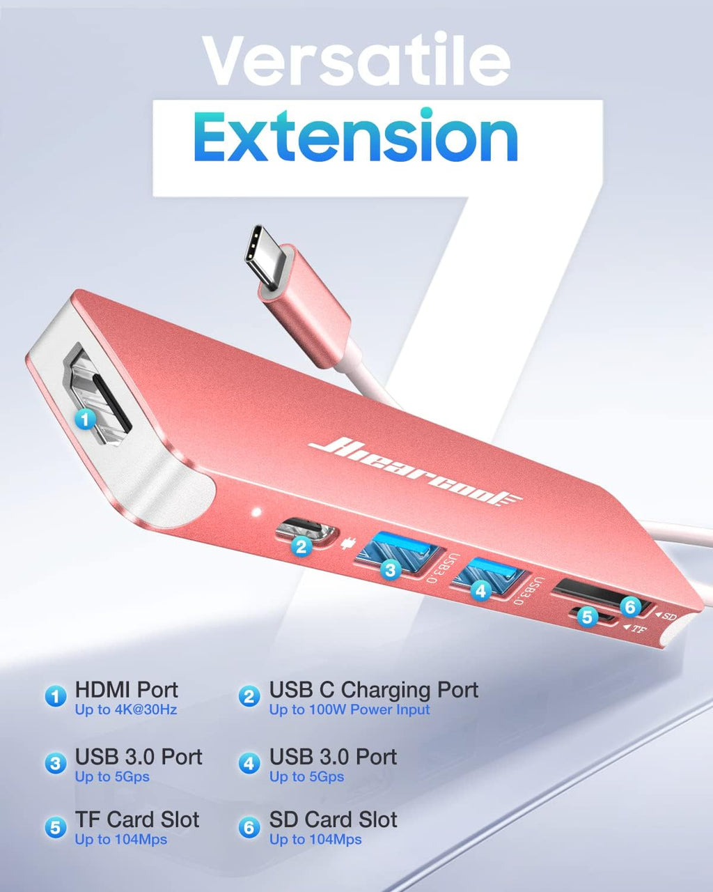 Hiearcool 7-in-1 USB C Hub, USB C Dongle Compatible for MacBook, Rose Gold - Image 2