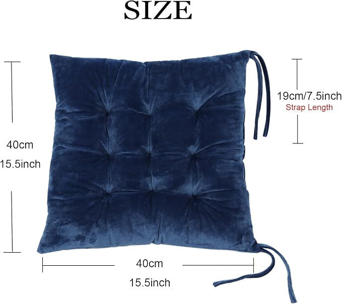 6 Pack Square Seat Cushion Chair Pads for Kitchen Dining Chairs, Soft Comfort Velvet Chair Mat Pillow Cushions with Ties for Office Desk Living Room Tatami 15.5", Blue - Image 2