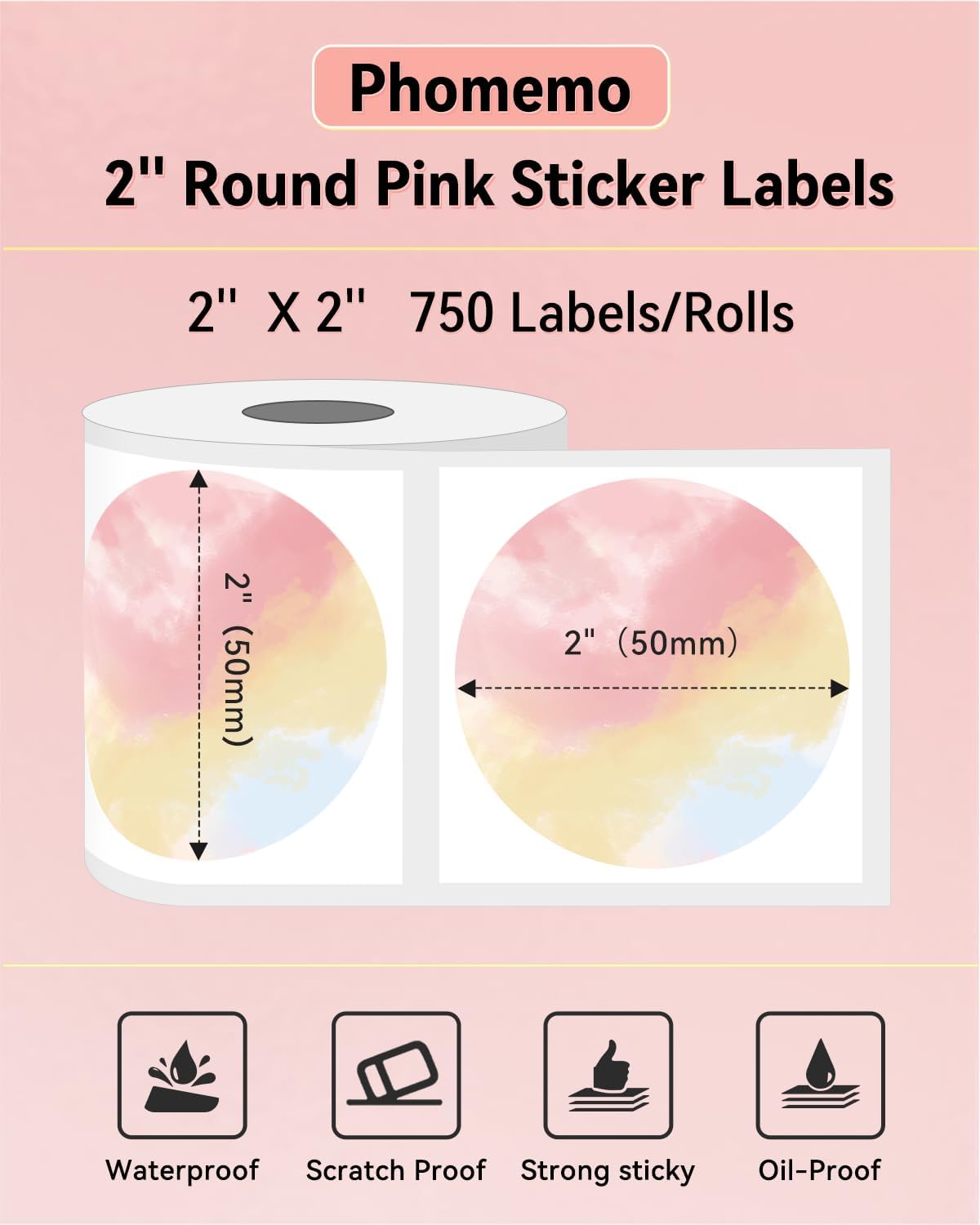 Phomemo Genuine 2” Gradient Circle Thermal Labels, 2x2 Self-Adhesive Round Sticker Label, Circular Direct Labels Compatible with Phomemo Shipping Label Printer, 750 Labels/Roll,Commercial Grade - Image 2