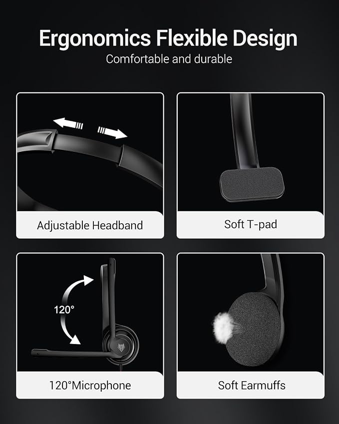 NUBWO HW02 USB Headset with Microphone Noise Cancelling &in-line Control, Ultra Comfort Computer Headset for Laptop pc, On-Ear Wired Office Call Center Headphone for Boom Skype Webinars（Black） - Image 4