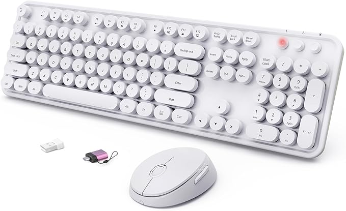 Wireless Keyboard and Mouse Combo, Ergonomic Full Size Typewriter Retro Round Keycaps Keyboard, Compatible with Windows, PC, Perfer for Home and Office Keyboards（White） by SkyGive