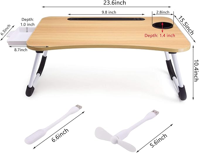 Slendor Bed Desk for Laptop and Writing with Storage, Cup Holder, Light | Fan, Pen Holder,Tablet Holder,Foldable, for Bed, Couch, Floor, Portable,Walnut - Image 6