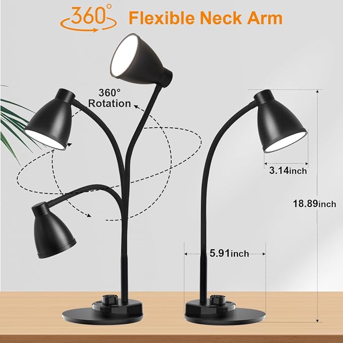 BOHON LED Desk Lamp with USB Charging Port 3 Color Modes Dimmable, Black | Reading Light Intelligent Induction Auto Dimming Task Lamp Neck Flexible Table Lamp for Bedside Office, AC Adapter Include - Image 7