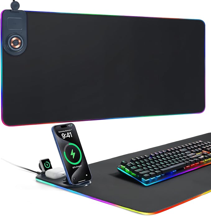 ELUTENG 4-in-1 RGB Gaming Mouse Pad with Wireless Charging & Phone Holder | 31.5"x11.81" Large Waterproof Desk Mat, Ultra-Smooth Non-Slip Keyboard Pad for Home & Office by ELUTENG