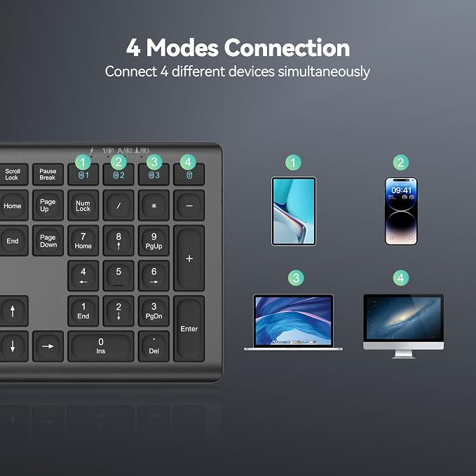 TECKNET Bluetooth Keyboard Rechargeable 4-Device (2.4G+BT) | Multi-device Free Switching, Ultra-Slim, Numeric Keypad, Quiet Full Size Wireless Keyboard for PC/Laptop/Smart TV/Phone - Image 2