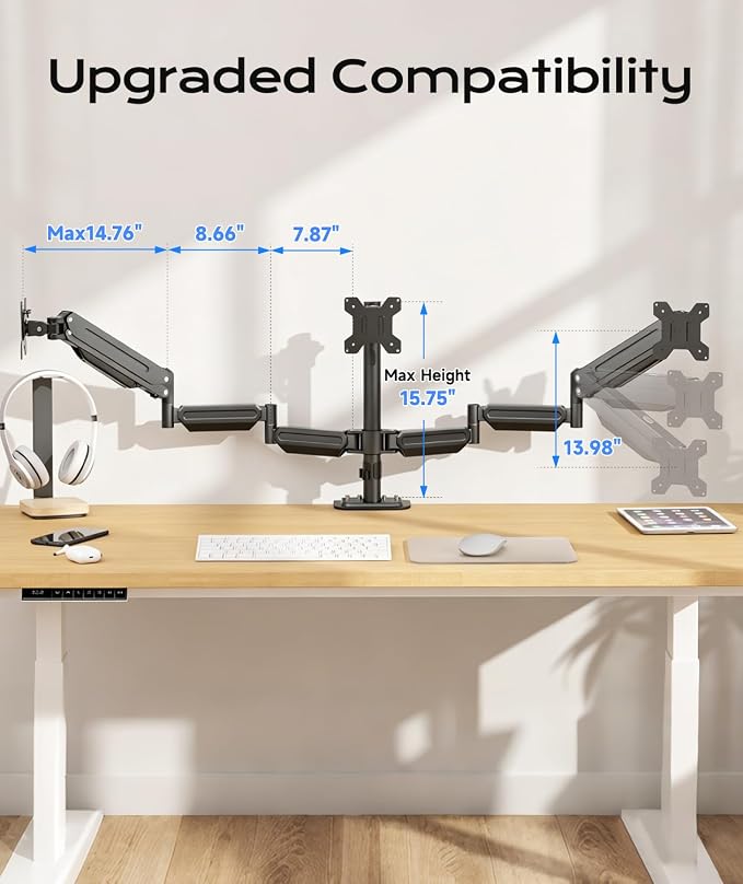 Pholiten Triple Monitor Mount for17-32 inches Screen, 2 Gas Spring Arms | Fully Adjustable Heavy Duty Monitor Arm, Clamp & Grommet Mounting, Holds 22 lbs Each - Image 4