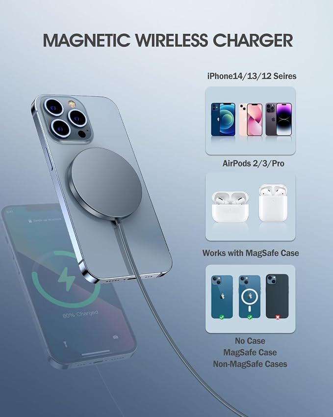 Magnetic Wireless Charger 15W Fast Charger for Cell Phone 17/ Pro Max/17 Pro/17 Air/16/15/14/13/12 Series 2 Pack Charging Pad for AirPods 3/2/Pro 2/Pro Mag-Safe Original Replacement | Fast Magnetic Wireless Charging Pads for iPhone 17/17 Air/17 Pro/17 ... - Image 5