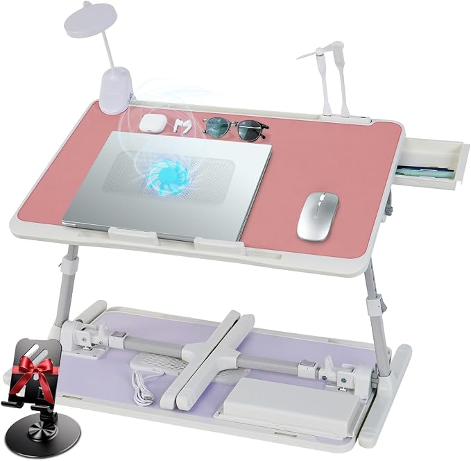 Adjustable Laptop Lap Desk with Cooling Fan USB Light for Adults 56x32cm,Pink by IXTRA
