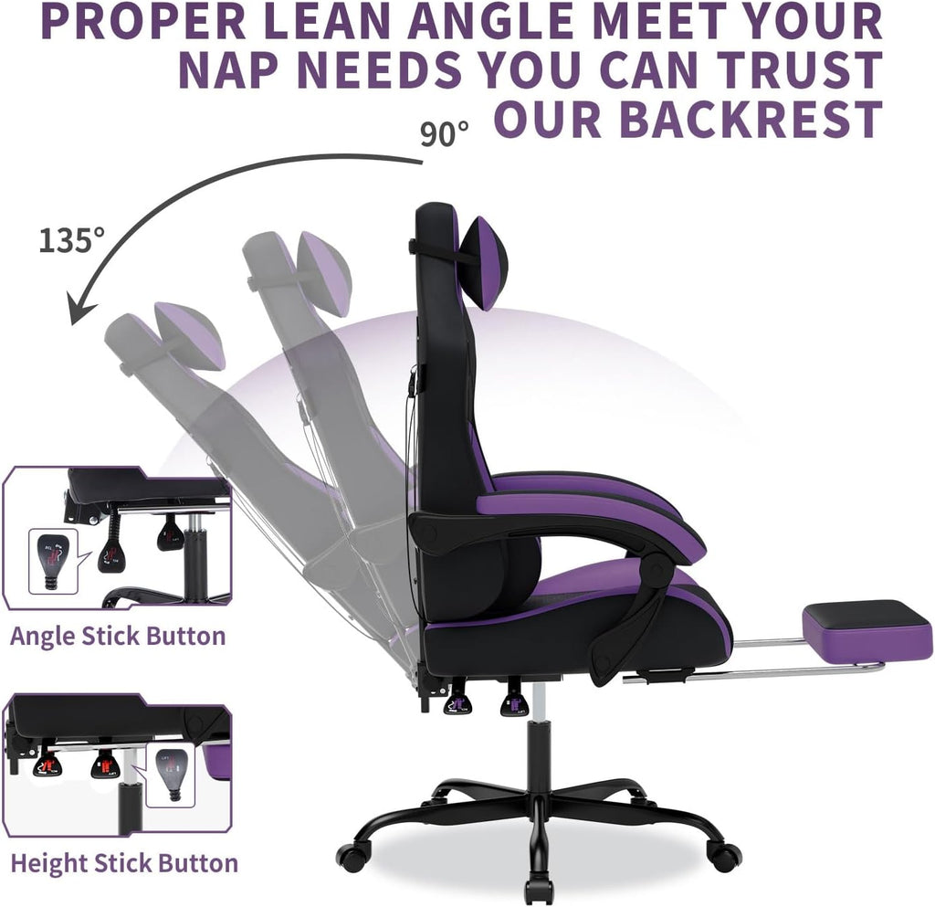 Gaming Chair with Massage,Ergonomic PC Gaming Chair with Footrest Comfortable Headrest and Lumbar Support,High Back Game Chair PVC Leather,300LBS (BlackPurple) - Image 3