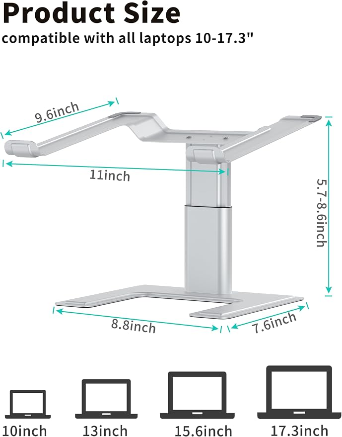 ALASHI Laptop Stand for Desk, Computer Stand Adjustable Height, Ergonomic Notebook Laptop Riser, Aluminum Metal Holder Compatible with 10 to 17.3 Inches Notebook PC Computer, Silver - Image 2
